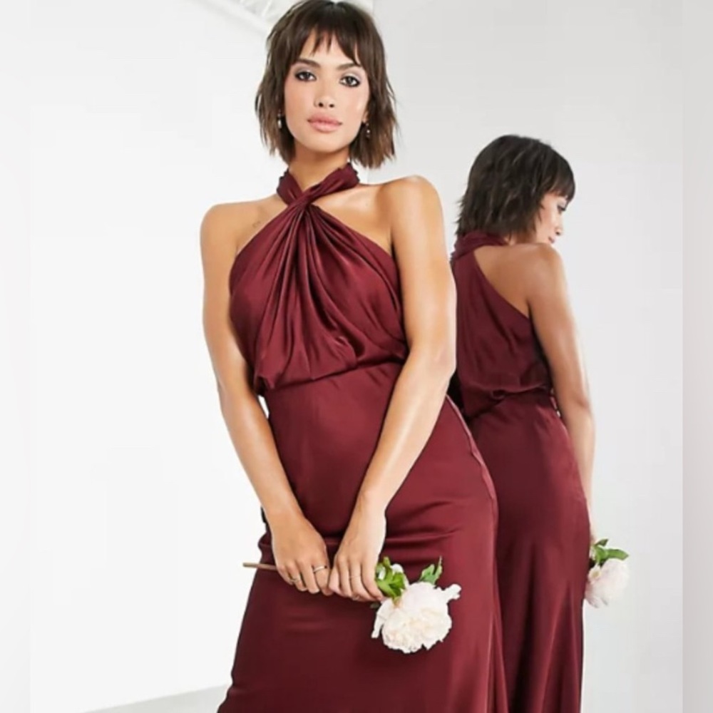 ASOS // Satin Ruched Neck Maxi Dress in WINE *NWT*